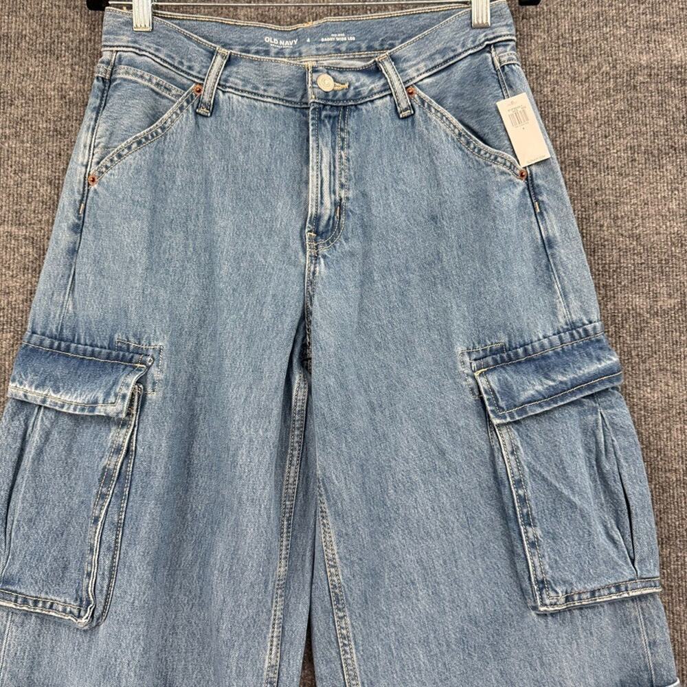 Old Navy Womens Baggy Wide Leg Cargo Jeans Size 4 Mid Rise Cotton Skater Y2K New - Picture 2 of 11